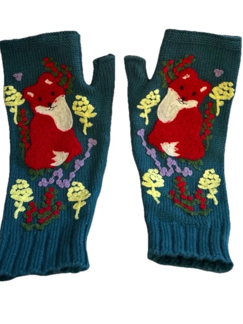 Cute Green Knit Gloves Fox Floral Embroidered Fingerless Whimsical Fairycore OS